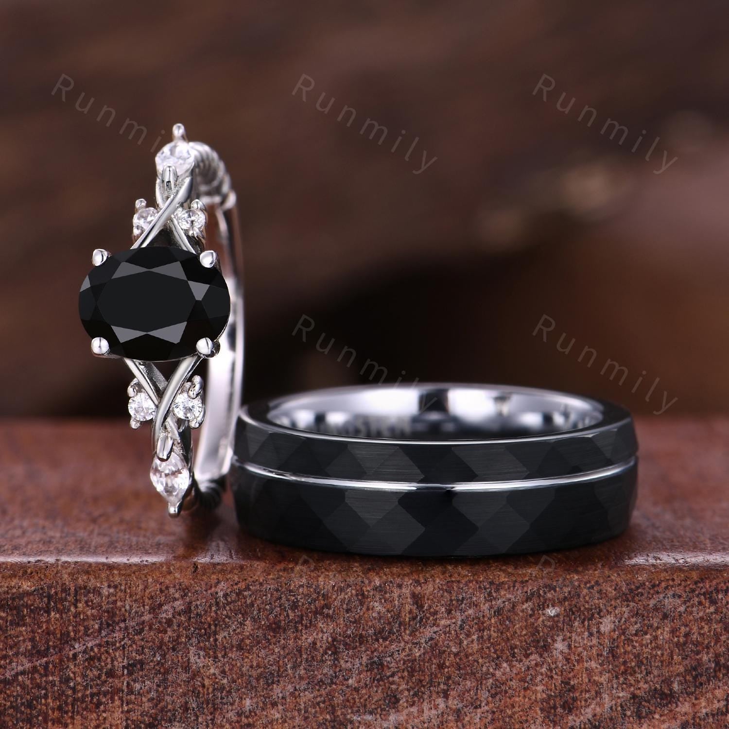 Oval cut Black Onyx Couples Ring White Gold Matching Ring Set His and Hers Wedding Band Promise Ring For Men For Women Black Gemstone Ring