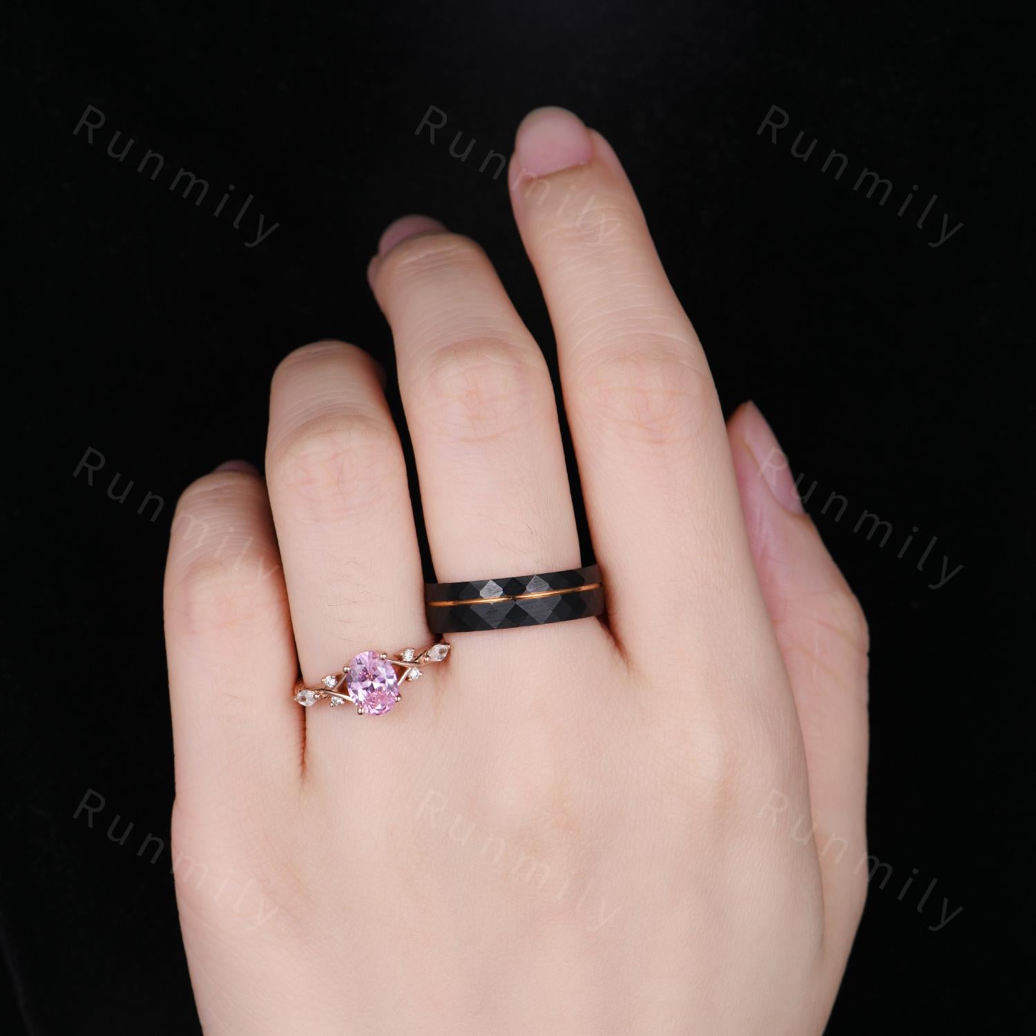 Oval cut Pink Diamond Ring Vintage Couples Ring Set Rose Gold Matching Rings His and Hers Wedding Band Promise Ring For Men For Women