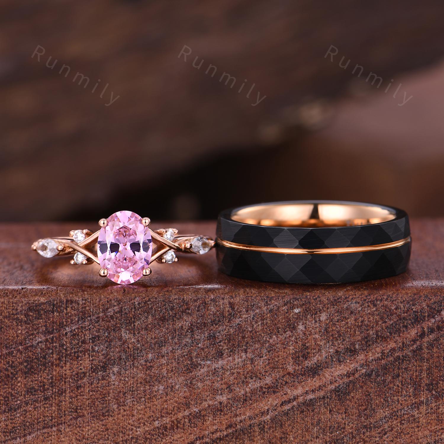 Oval cut Pink Diamond Ring Vintage Couples Ring Set Rose Gold Matching Rings His and Hers Wedding Band Promise Ring For Men For Women