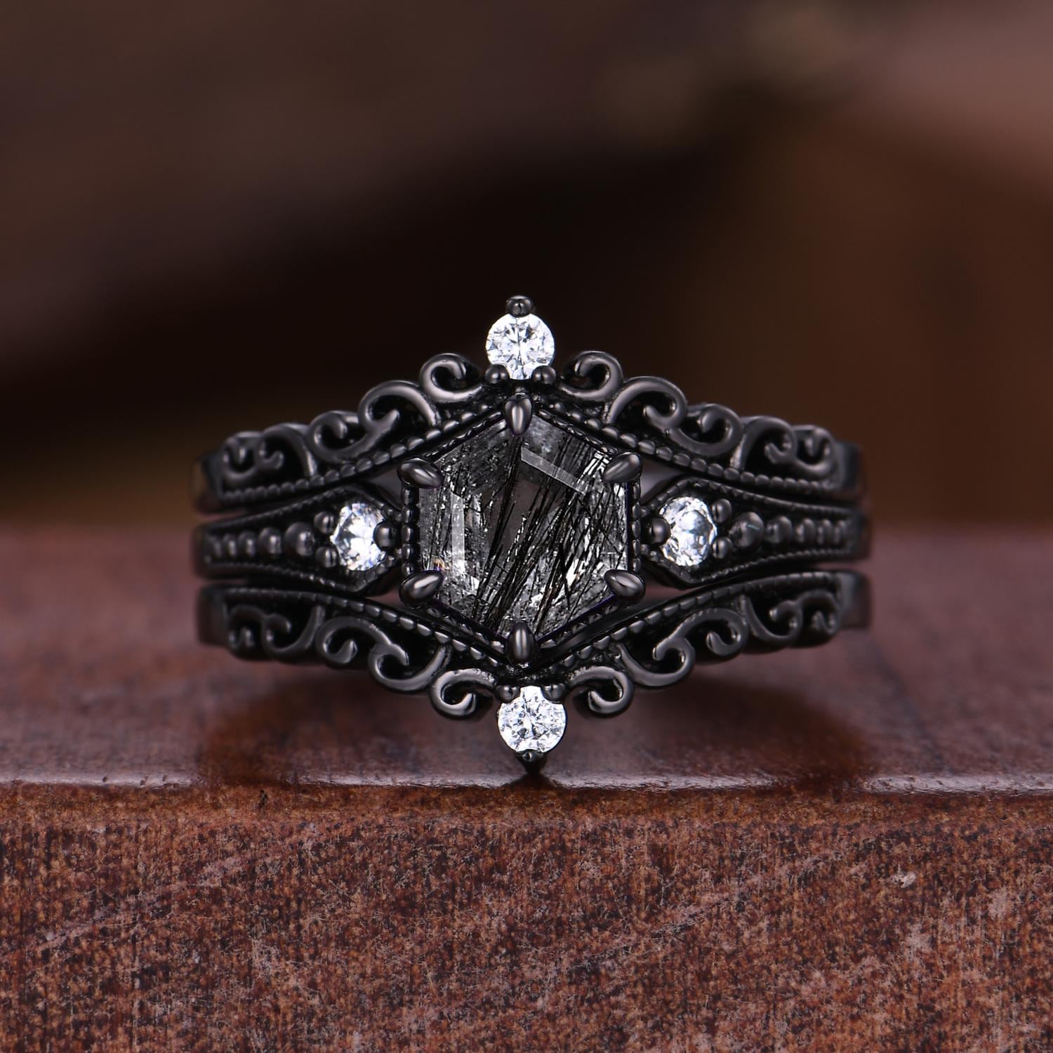 Gothic Hexagon Black Quartz Couple Ring Set Unique Black Rings His and Hers Wedding Band Mens Meteorite Tungsten Ring Couples Promise Rings