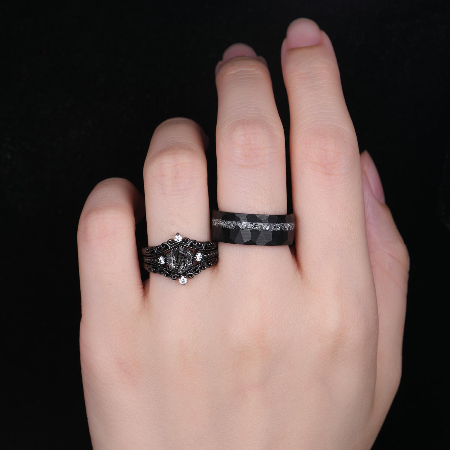 Gothic Hexagon Black Quartz Couple Ring Set Unique Black Rings His and Hers Wedding Band Mens Meteorite Tungsten Ring Couples Promise Rings
