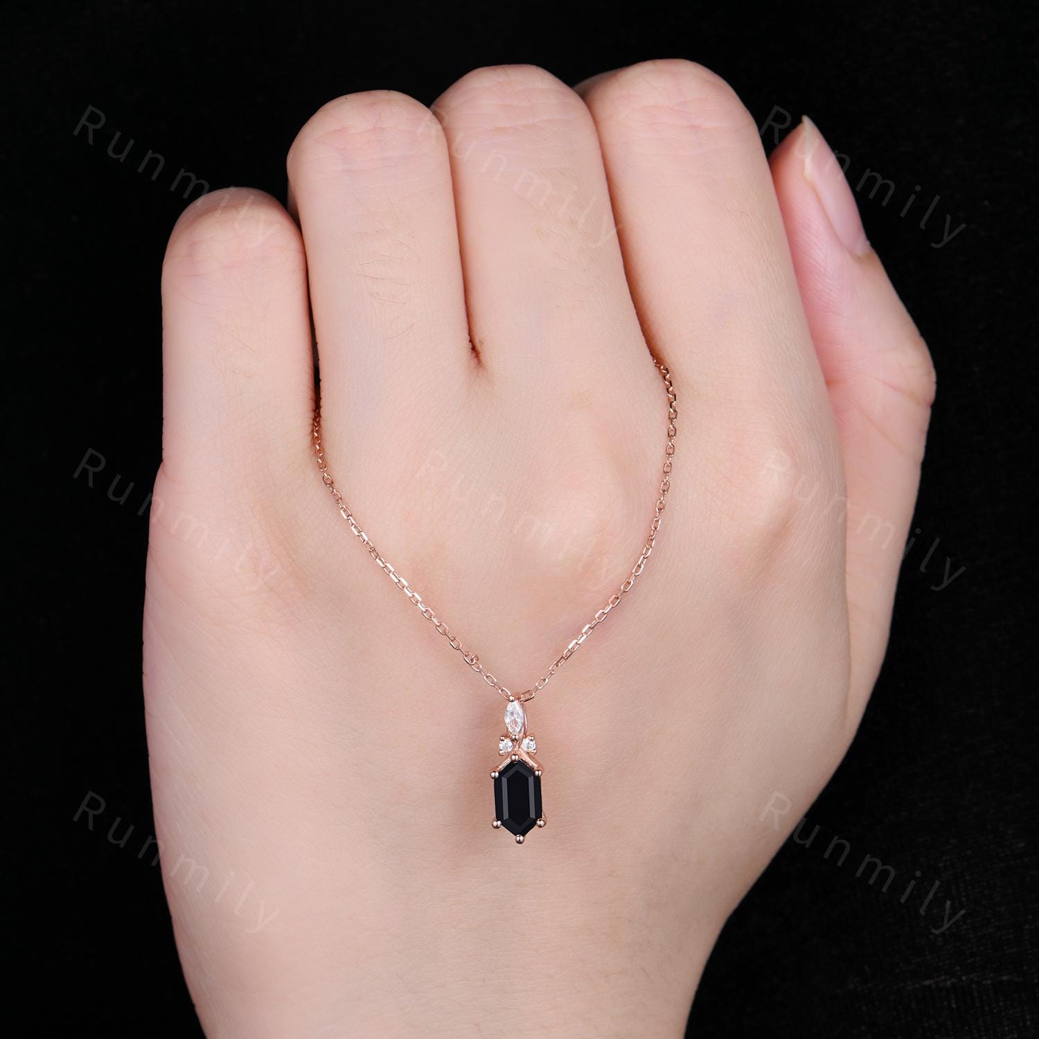 Black Onyx Hexagon Cut Necklace - Rose Gold Retro Necklace, Pave Onyx Charm Piece, Black Gemstone Jewelry, Bridal Jewelry, Anniversary Gift