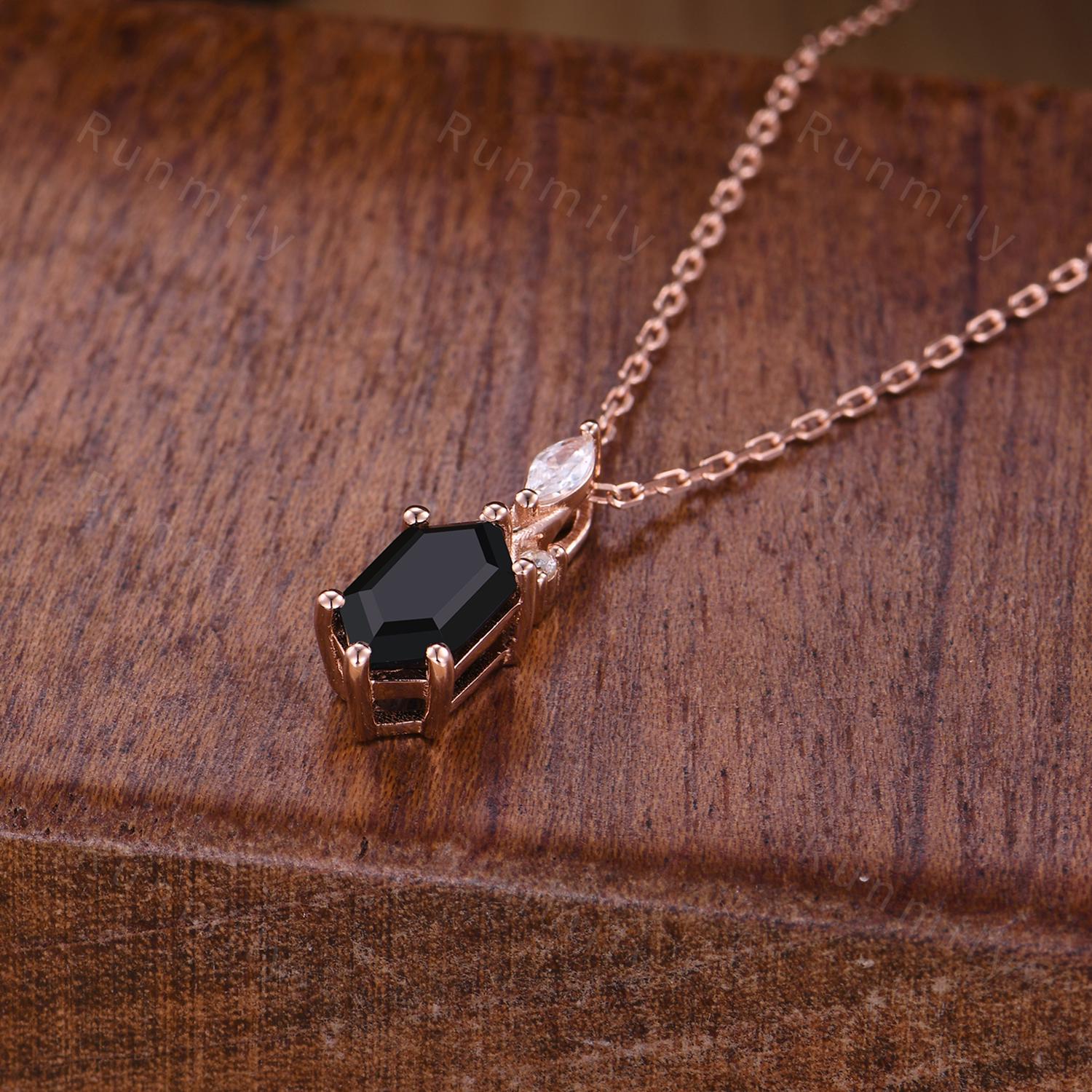 Black Onyx Hexagon Cut Necklace - Rose Gold Retro Necklace, Pave Onyx Charm Piece, Black Gemstone Jewelry, Bridal Jewelry, Anniversary Gift
