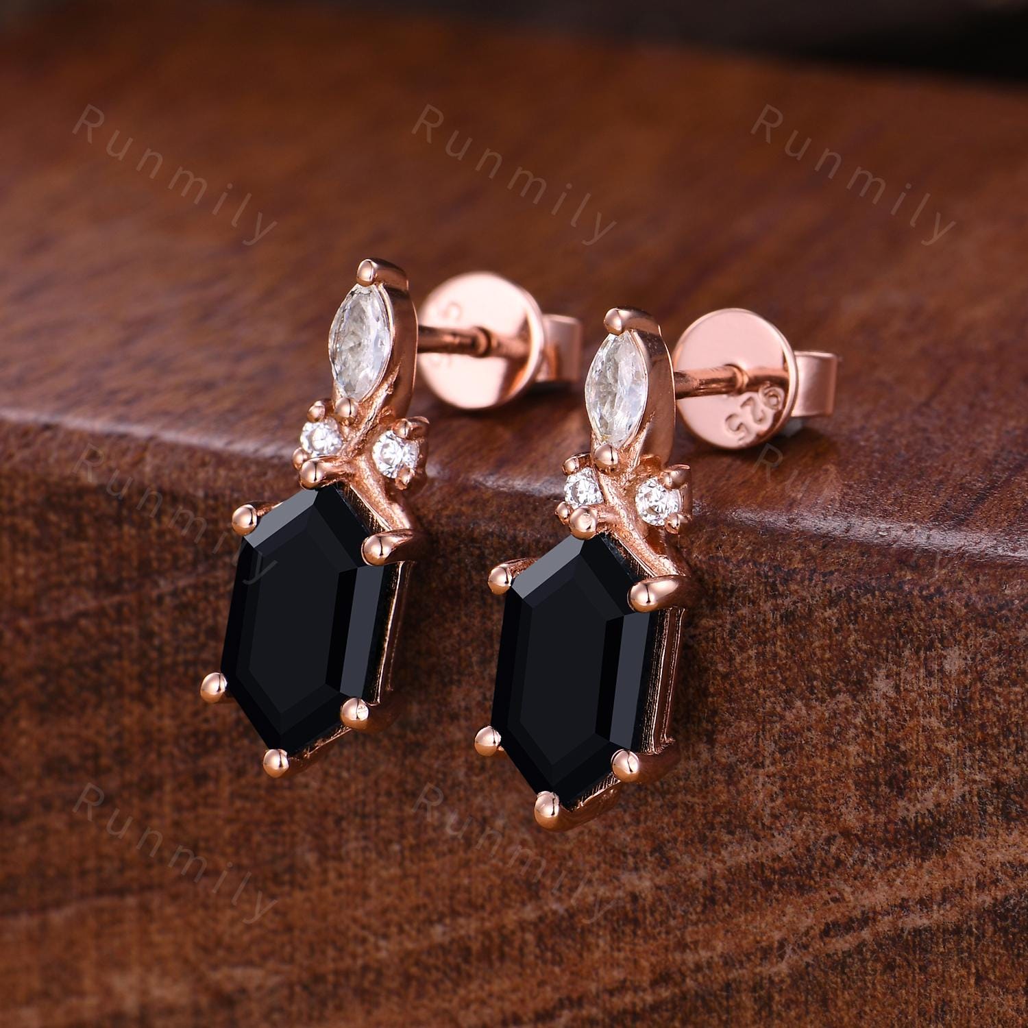 Black Onyx Hexagon Cut Necklace - Rose Gold Retro Necklace, Pave Onyx Charm Piece, Black Gemstone Jewelry, Bridal Jewelry, Anniversary Gift