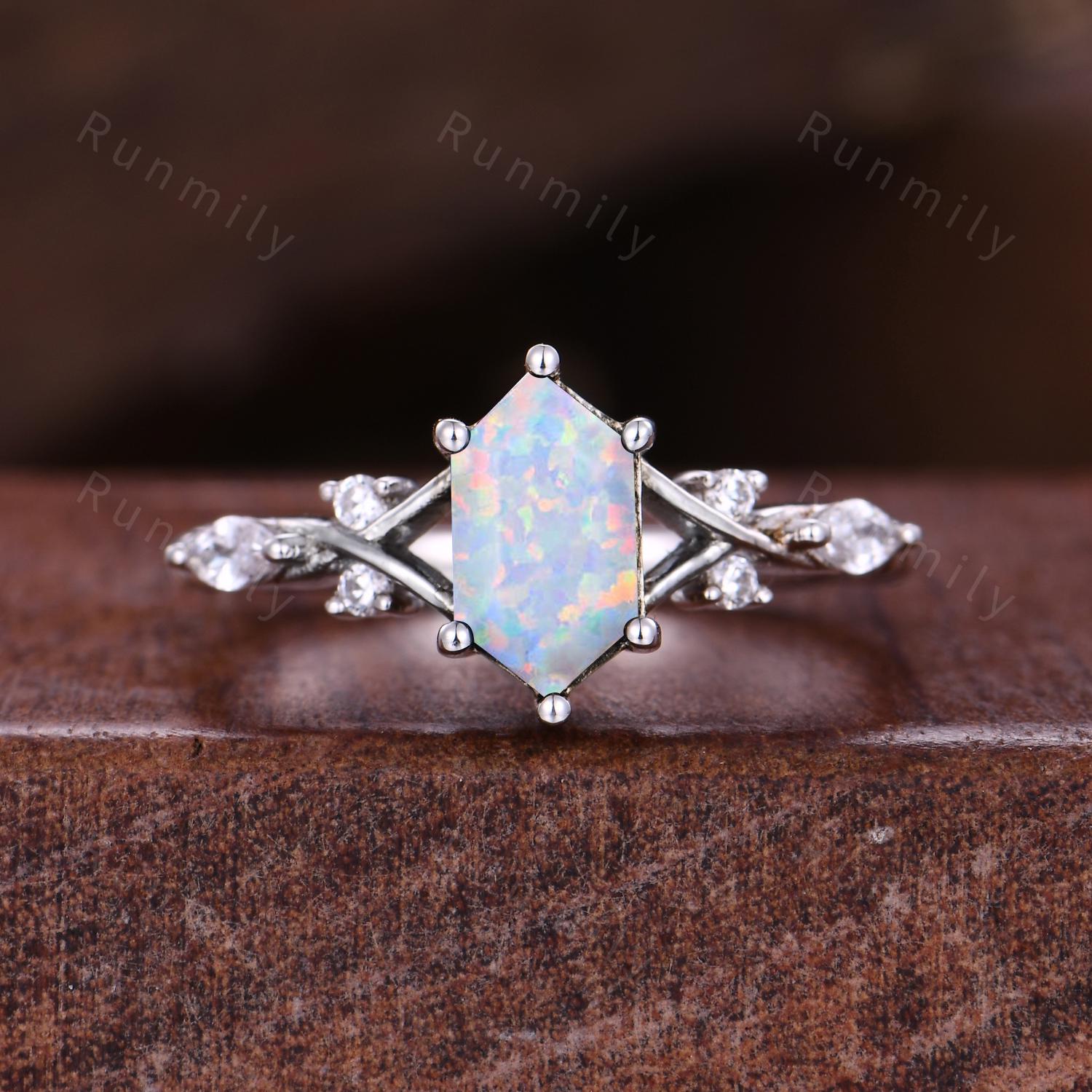 Vintage White Opal Couples Ring Silver Matching Ring Set His and Hers Wedding Band Promise Ring For Men For Women October Birthstone Rings