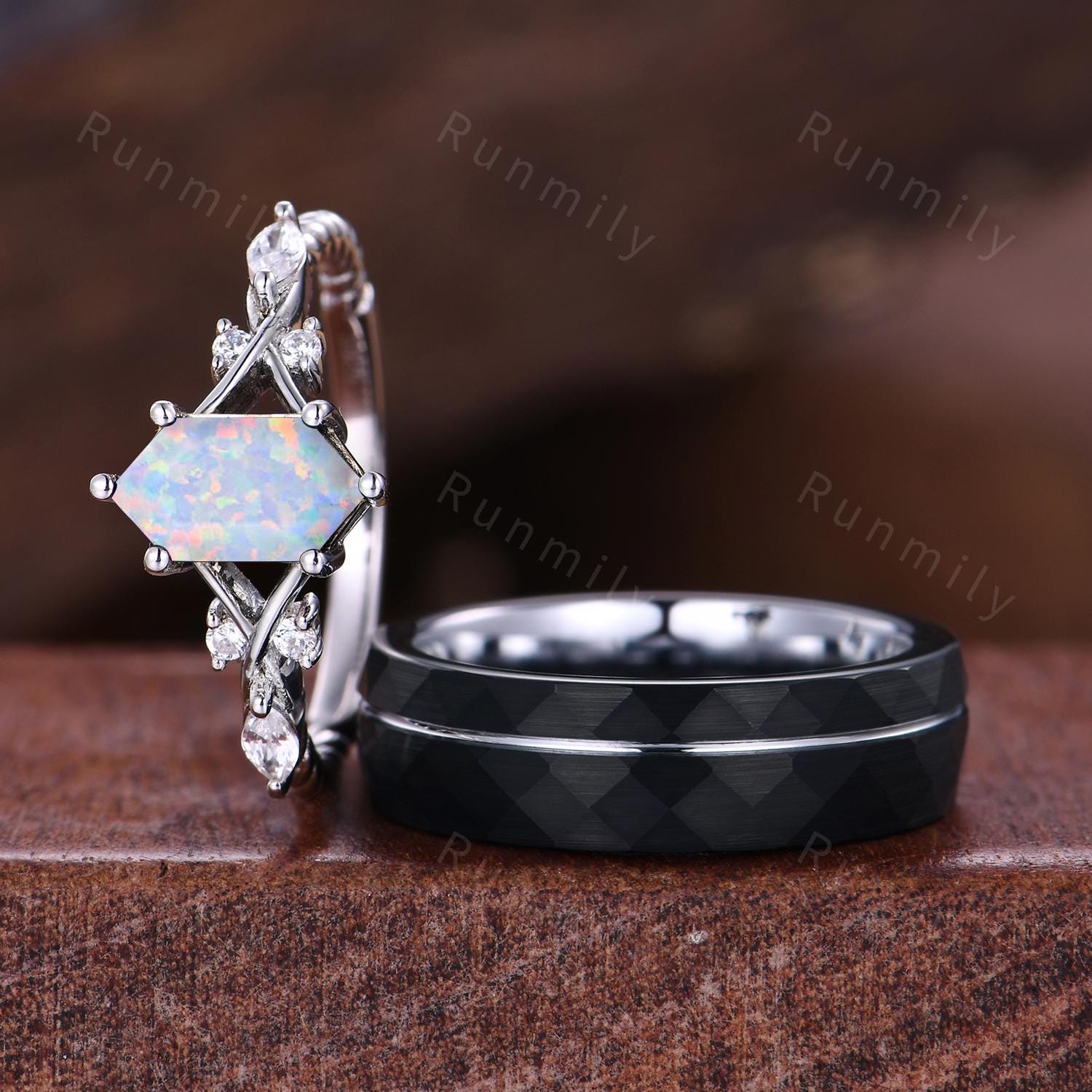 Vintage White Opal Couples Ring Silver Matching Ring Set His and Hers Wedding Band Promise Ring For Men For Women October Birthstone Rings