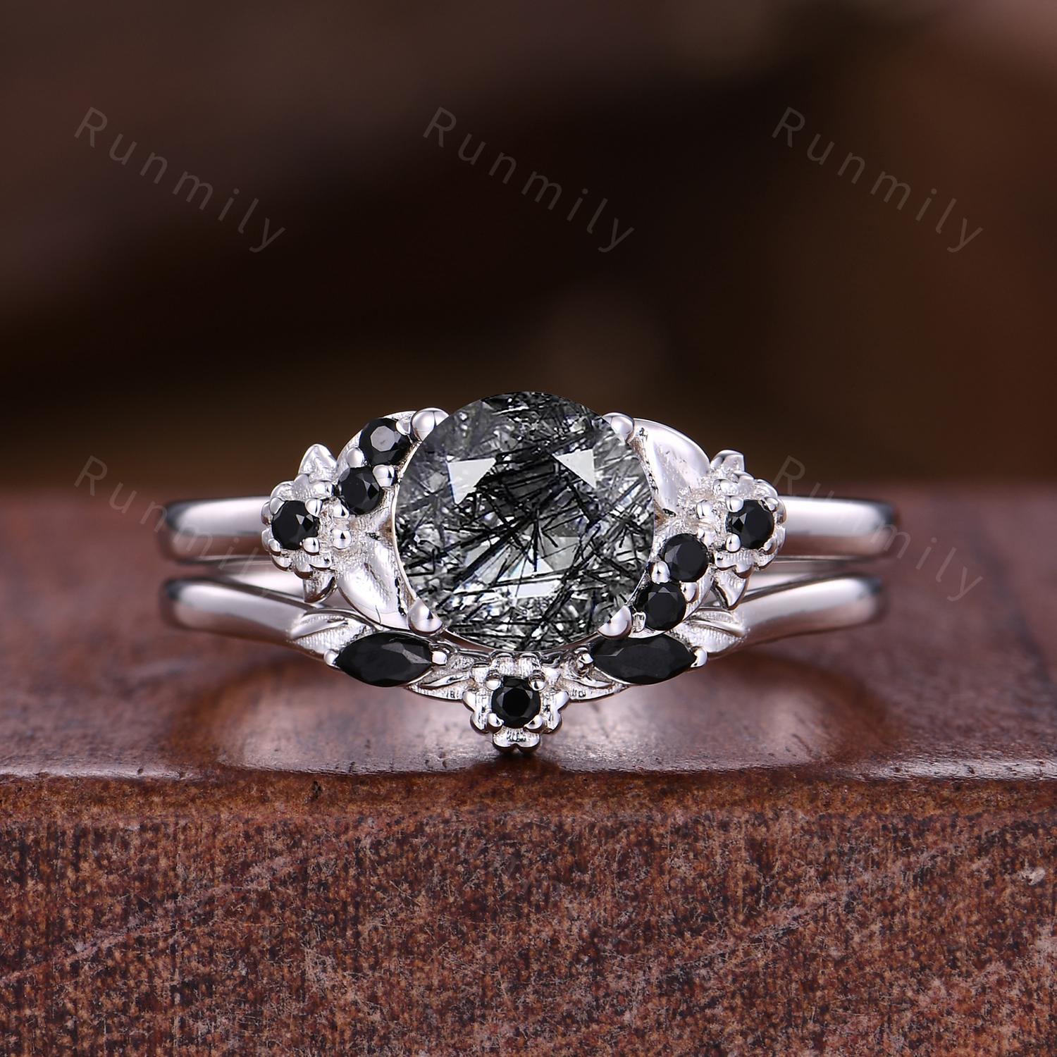 Black Rutilated Quartz Ring Set Nature Inspired Ring His and Hers Wedding Band Mens Black Tungsten Ring Unique Couple Promise Rings/Gifts