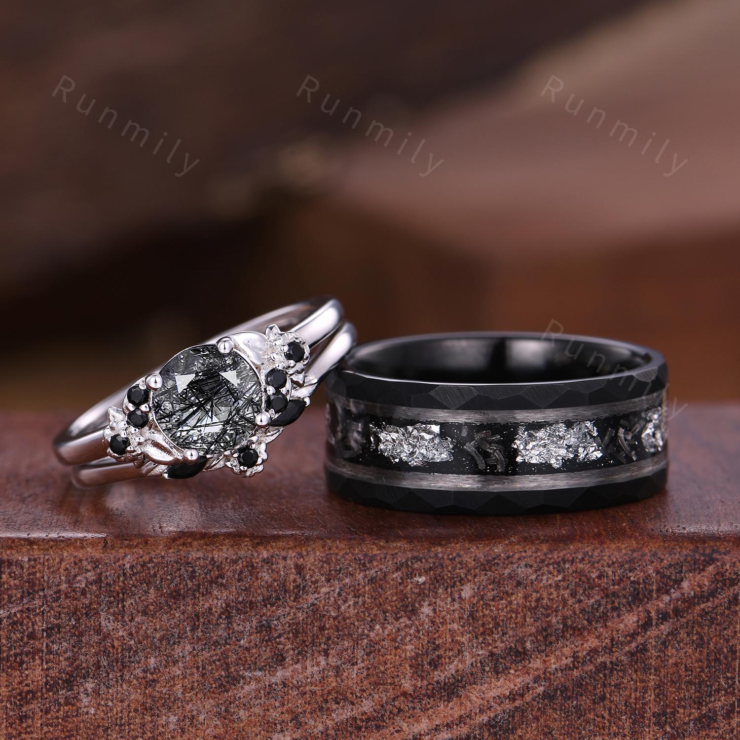 Black Rutilated Quartz Ring Set Nature Inspired Ring His and Hers Wedding Band Mens Black Tungsten Ring Unique Couple Promise Rings/Gifts