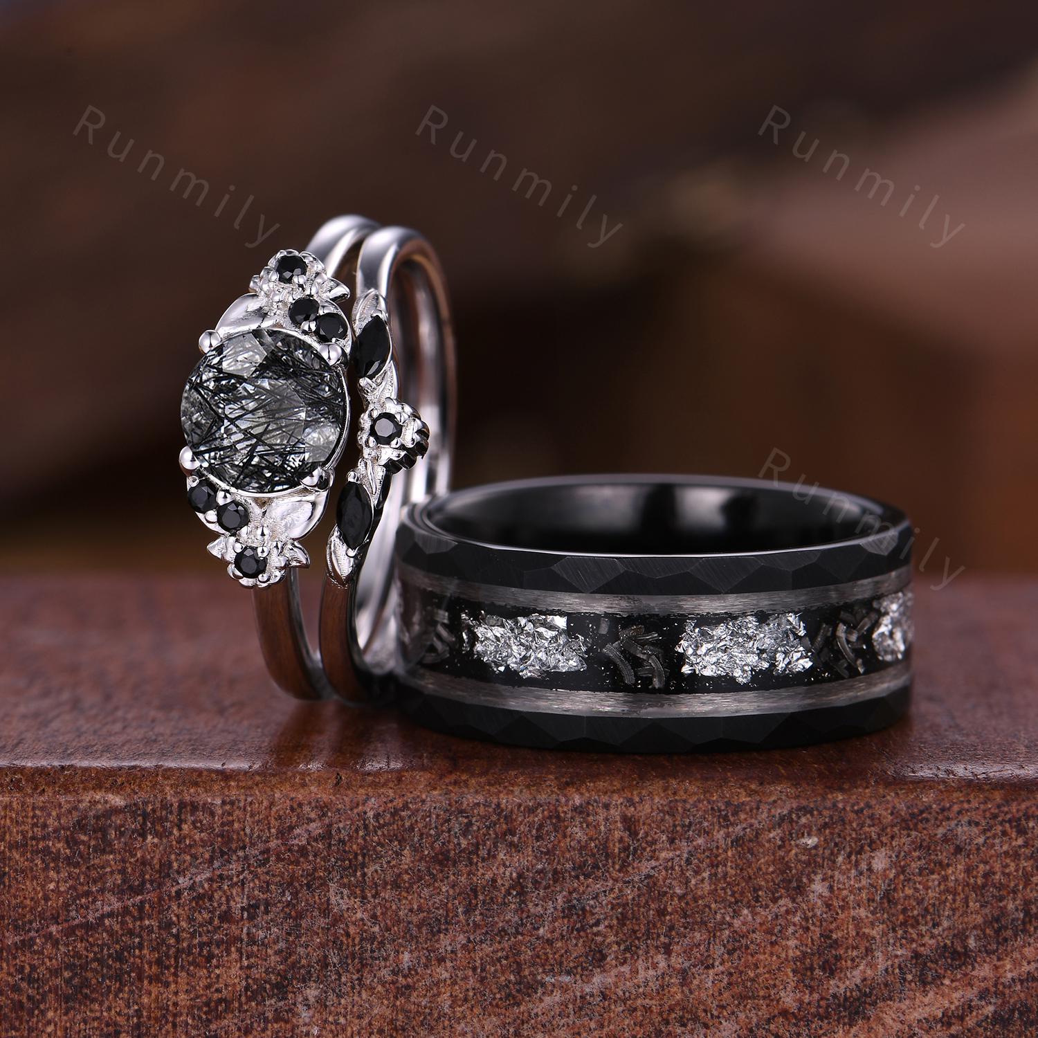 Black Rutilated Quartz Ring Set Nature Inspired Ring His and Hers Wedding Band Mens Black Tungsten Ring Unique Couple Promise Rings/Gifts