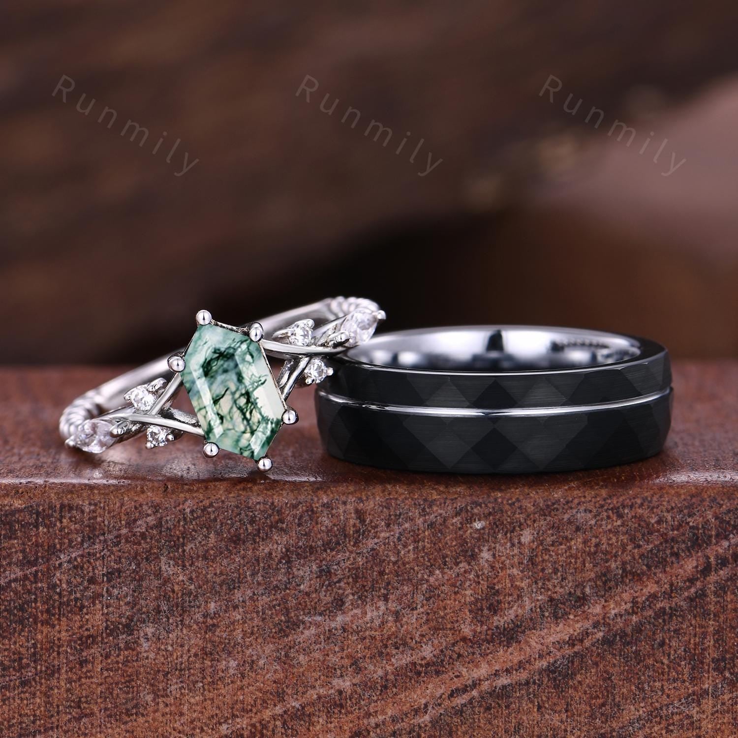 Vintage Green Moss Agate Couples Ring Rose Gold Matching Ring Set His and Hers Wedding Band Promise Ring For Men For Women Natural Agate Gem