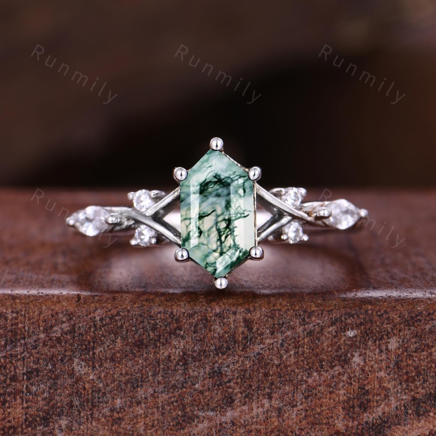 Vintage Moss Agate Couples Ring White Gold Matching Ring Set His And Her Wedding Band Promise Rings For Men For Women Natural Moss Agate