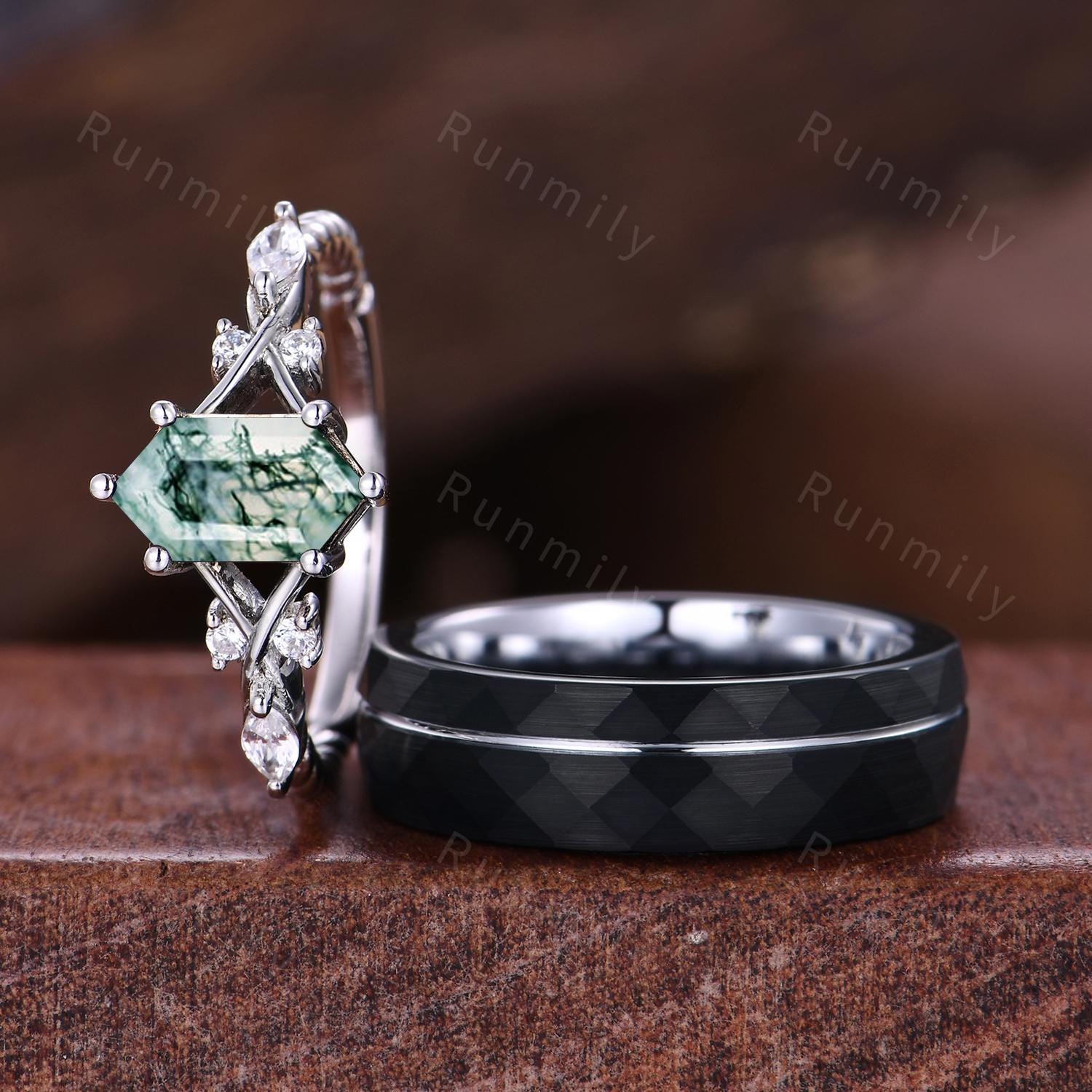 Vintage Moss Agate Couples Ring White Gold Matching Ring Set His And Her Wedding Band Promise Rings For Men For Women Natural Moss Agate