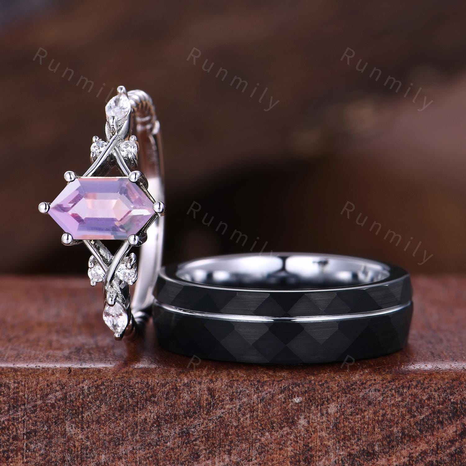 Vintage Lavender Amethyst Couples Ring White Gold Matching Ring Set His And Hers Wedding Band Promise Rings For Men For Women Purple Ring