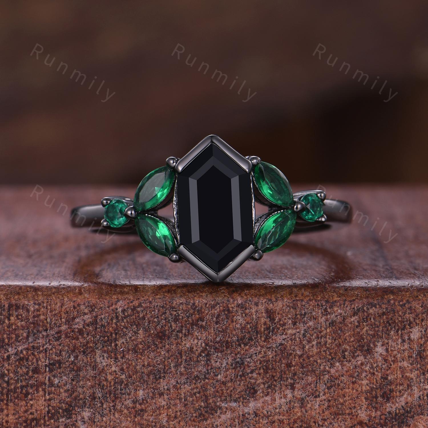 Vintage black onyx engagement ring black gold ring Leaf and Moon band Emerald curved stacking band unique art deco bridal wedding ring set