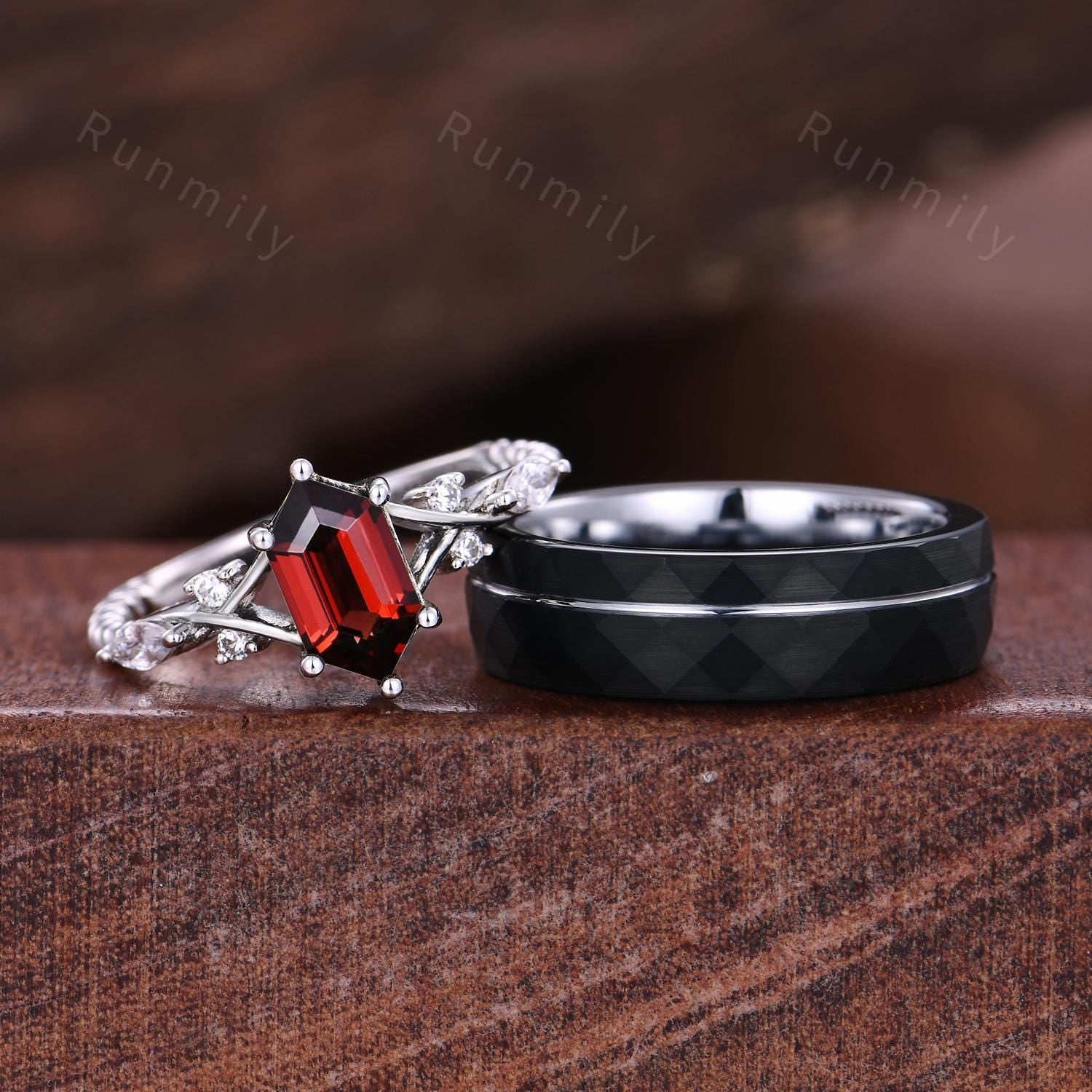 Red Garnet Couples Ring White Gold Matching Ring Set Unique His and Hers Wedding Band Promise Rings For Men For Women Natural Garnet Ring