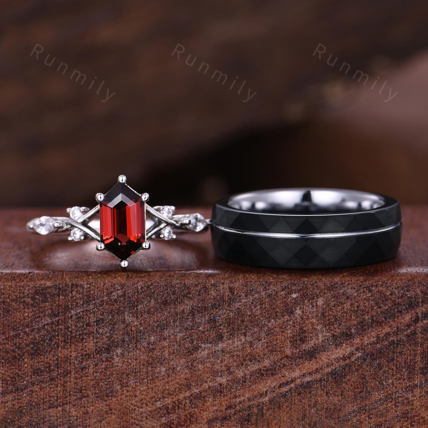 Red Garnet Couples Ring White Gold Matching Ring Set Unique His and Hers Wedding Band Promise Rings For Men For Women Natural Garnet Ring