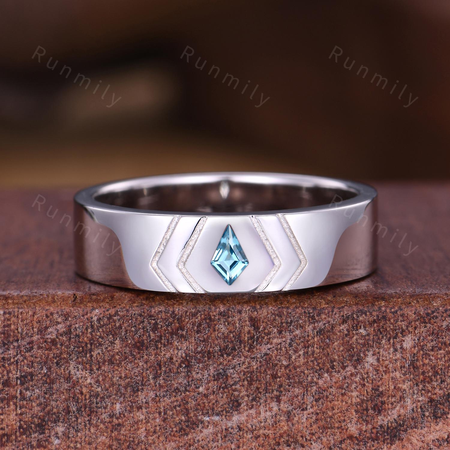 Swiss Blue Topaz Wedding Band Mens Wedding Band 5mm Men's Ring Unique Mens Engagement Ring Band Retro Vintage December Ring Kite Cut Gem