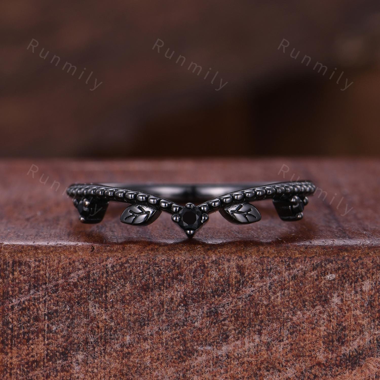 Lavender purple opal engagement ring set black gold branch leaf stacking ring Curved matching band unique art deco bridal wedding ring set