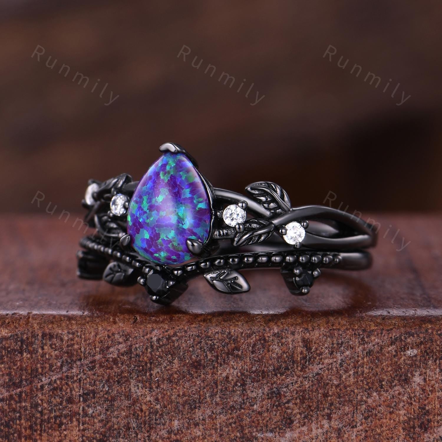 Lavender purple opal engagement ring set black gold branch leaf stacking ring Curved matching band unique art deco bridal wedding ring set