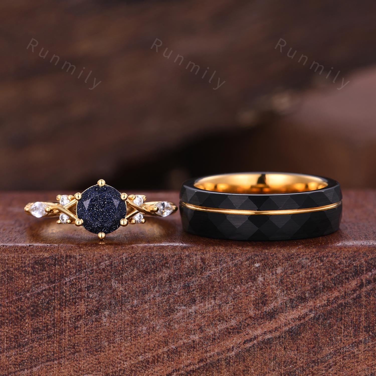Orion Nebula Ring Set, Matching Promise Rings for Couples, Blue Sandstone Rings Engagement Ring Anniversary Gift, Yellow Gold Rings