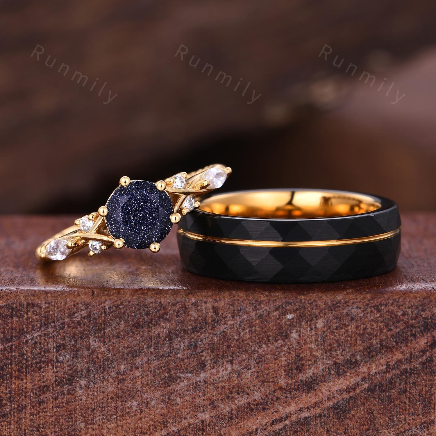 Orion Nebula Ring Set, Matching Promise Rings for Couples, Blue Sandstone Rings Engagement Ring Anniversary Gift, Yellow Gold Rings
