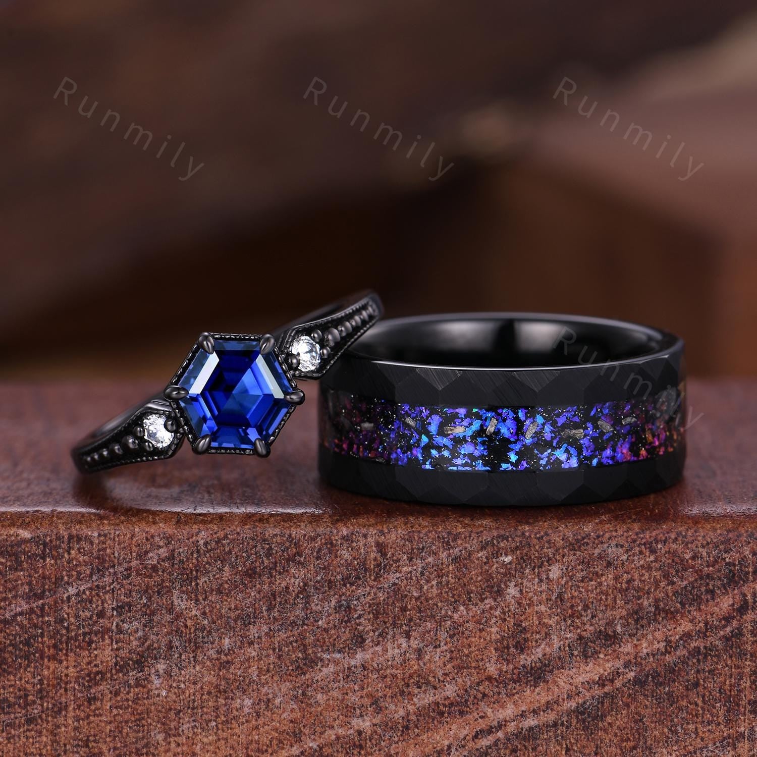 Gothic Hexagon Blue Sandstone Couple Ring Set Unique Black Rings His and Hers Wedding Band Mens Galaxy Tungsten Ring Couples Promise Rings