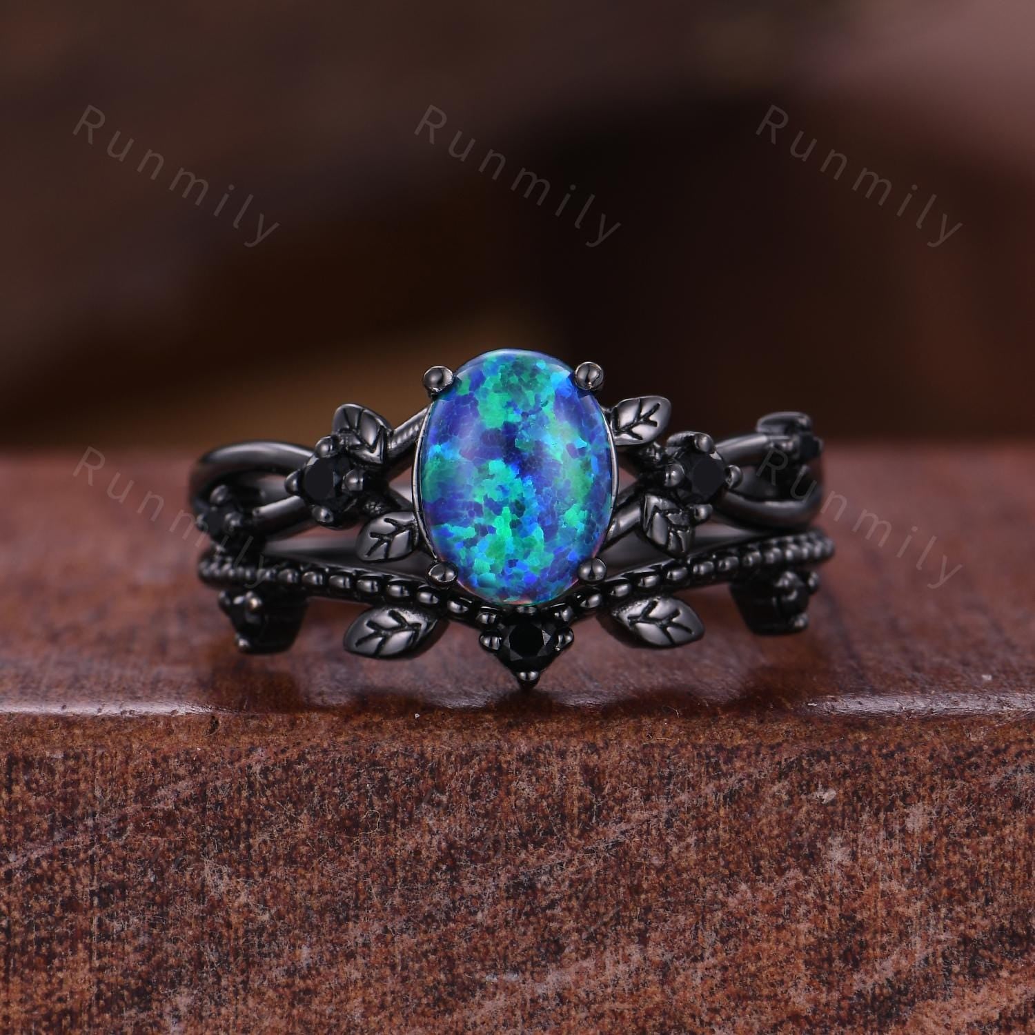 Vintage Blue Opal Wedding Ring Set For Couples Black Gold His and Her Wedding Band Opal Tungsten Mens Ring Nature Inspired Promise Rings