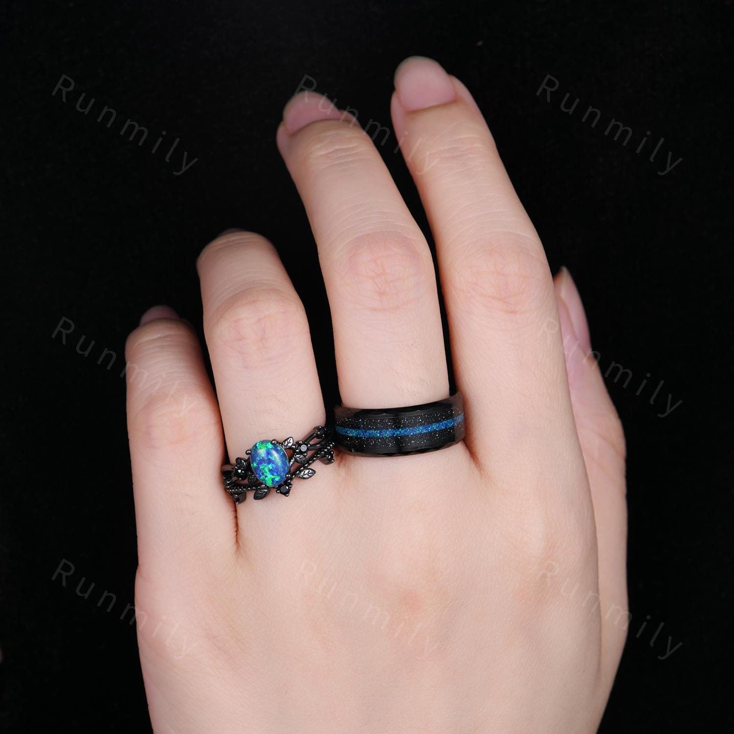 Vintage Blue Opal Wedding Ring Set For Couples Black Gold His and Her Wedding Band Opal Tungsten Mens Ring Nature Inspired Promise Rings