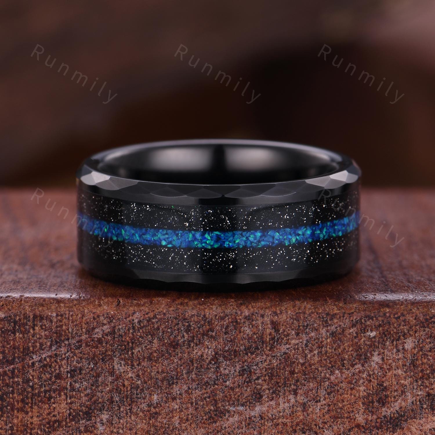 Vintage Blue Opal Wedding Ring Set For Couples Black Gold His and Her Wedding Band Opal Tungsten Mens Ring Nature Inspired Promise Rings