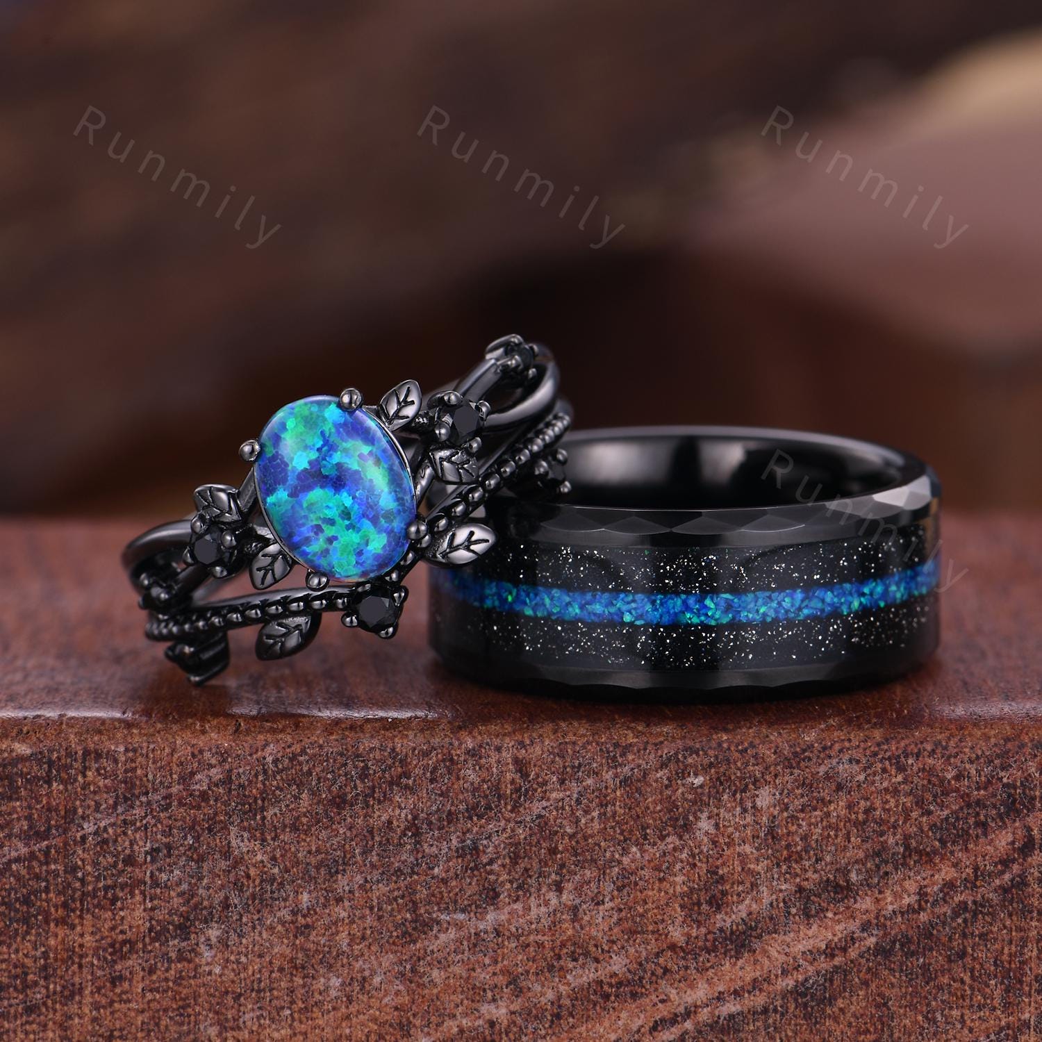 Vintage Blue Opal Wedding Ring Set For Couples Black Gold His and Her Wedding Band Opal Tungsten Mens Ring Nature Inspired Promise Rings