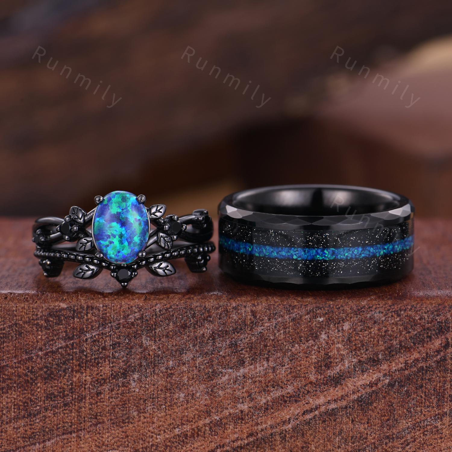 Vintage Blue Opal Wedding Ring Set For Couples Black Gold His and Her Wedding Band Opal Tungsten Mens Ring Nature Inspired Promise Rings