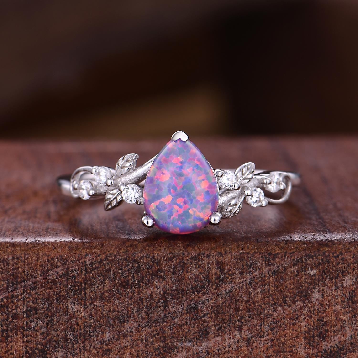 Pear cut Purple Opal Couples Ring Lavender Opal Matching Ring Set His and Hers Wedding Band Promise Rings For Men For Women Vine Leaf Ring