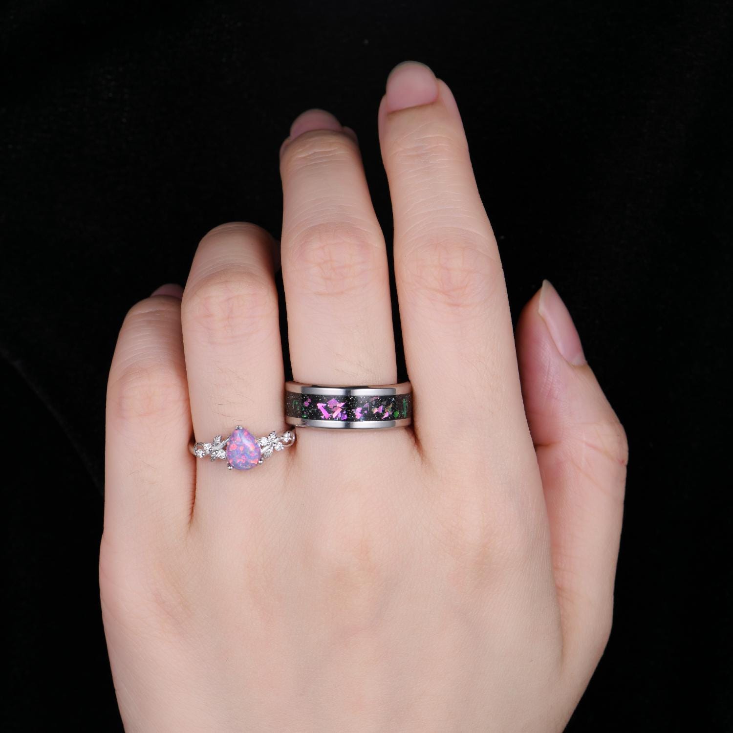 Pear cut Purple Opal Couples Ring Lavender Opal Matching Ring Set His and Hers Wedding Band Promise Rings For Men For Women Vine Leaf Ring