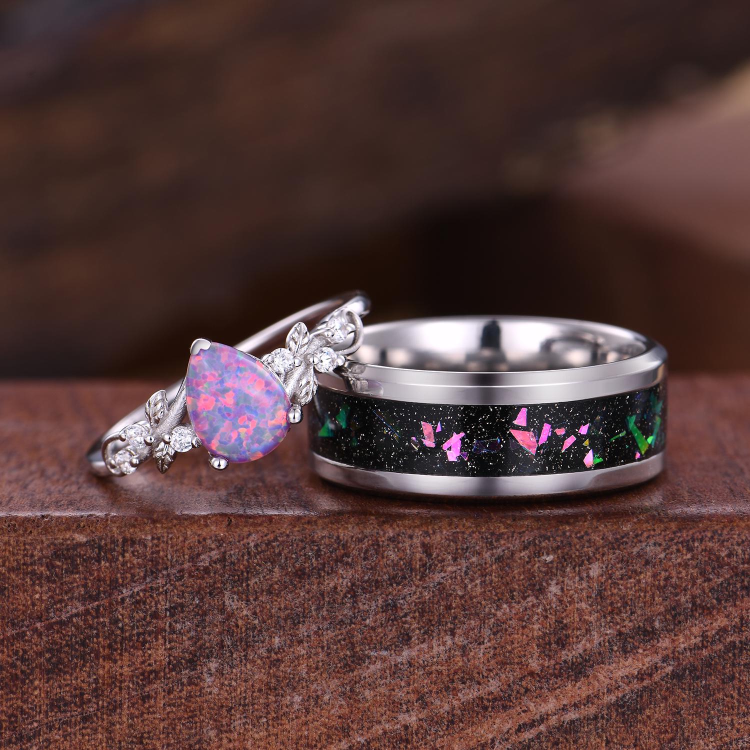 Pear cut Purple Opal Couples Ring Lavender Opal Matching Ring Set His and Hers Wedding Band Promise Rings For Men For Women Vine Leaf Ring