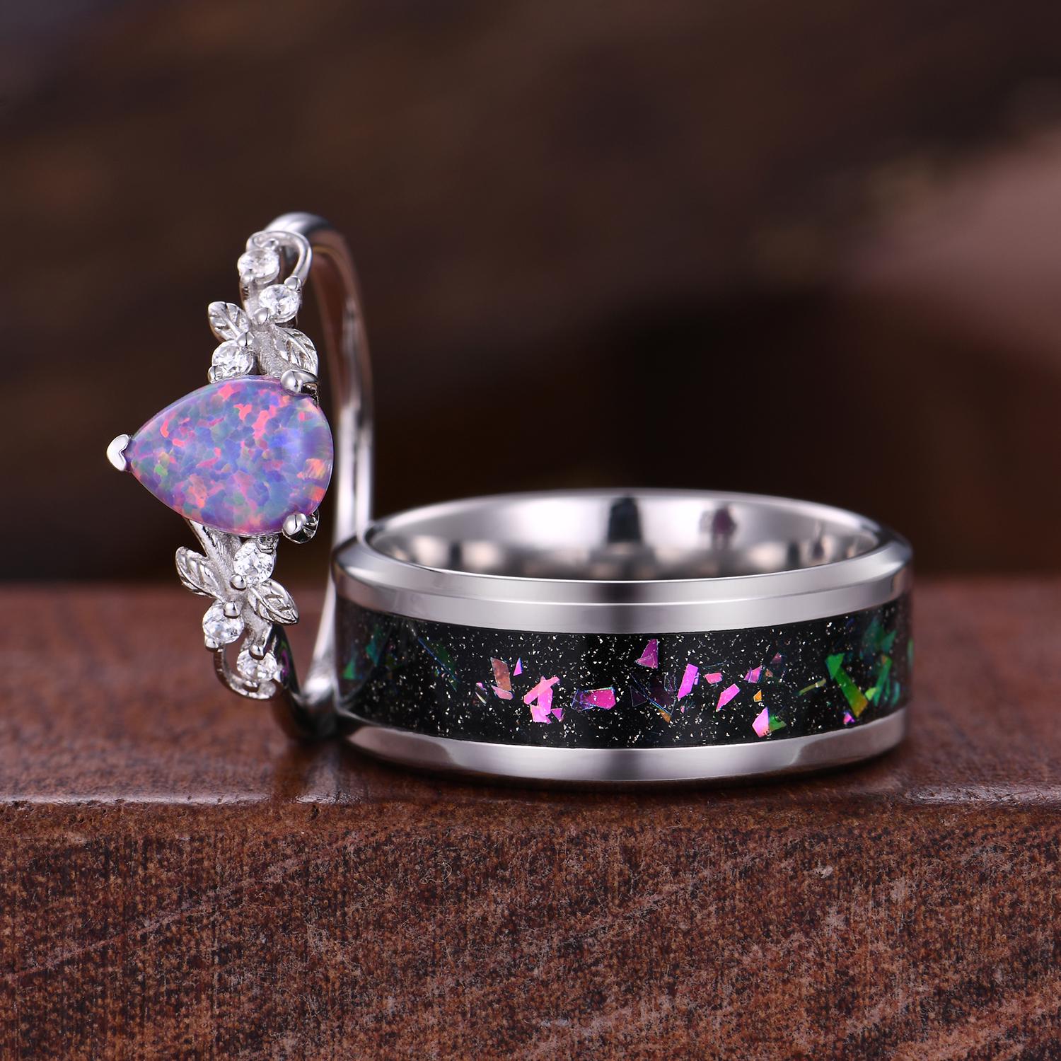 Pear cut Purple Opal Couples Ring Lavender Opal Matching Ring Set His and Hers Wedding Band Promise Rings For Men For Women Vine Leaf Ring