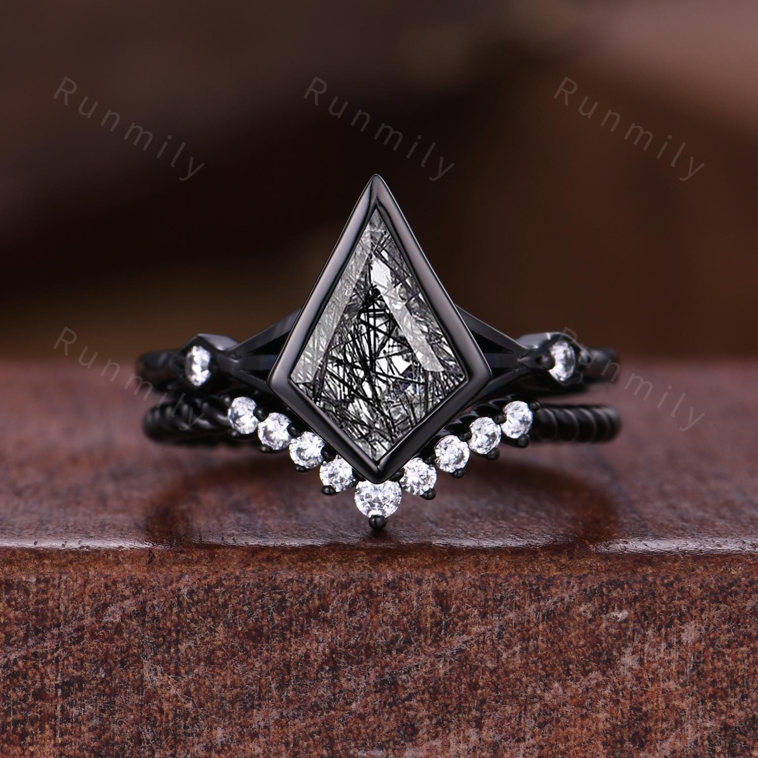 Natural Black Rutilated Quartz Couples Ring Black Gold Promise Ring Set Art Deco His and Hers Wedding Band Mens Meteorite Ring Black Gems