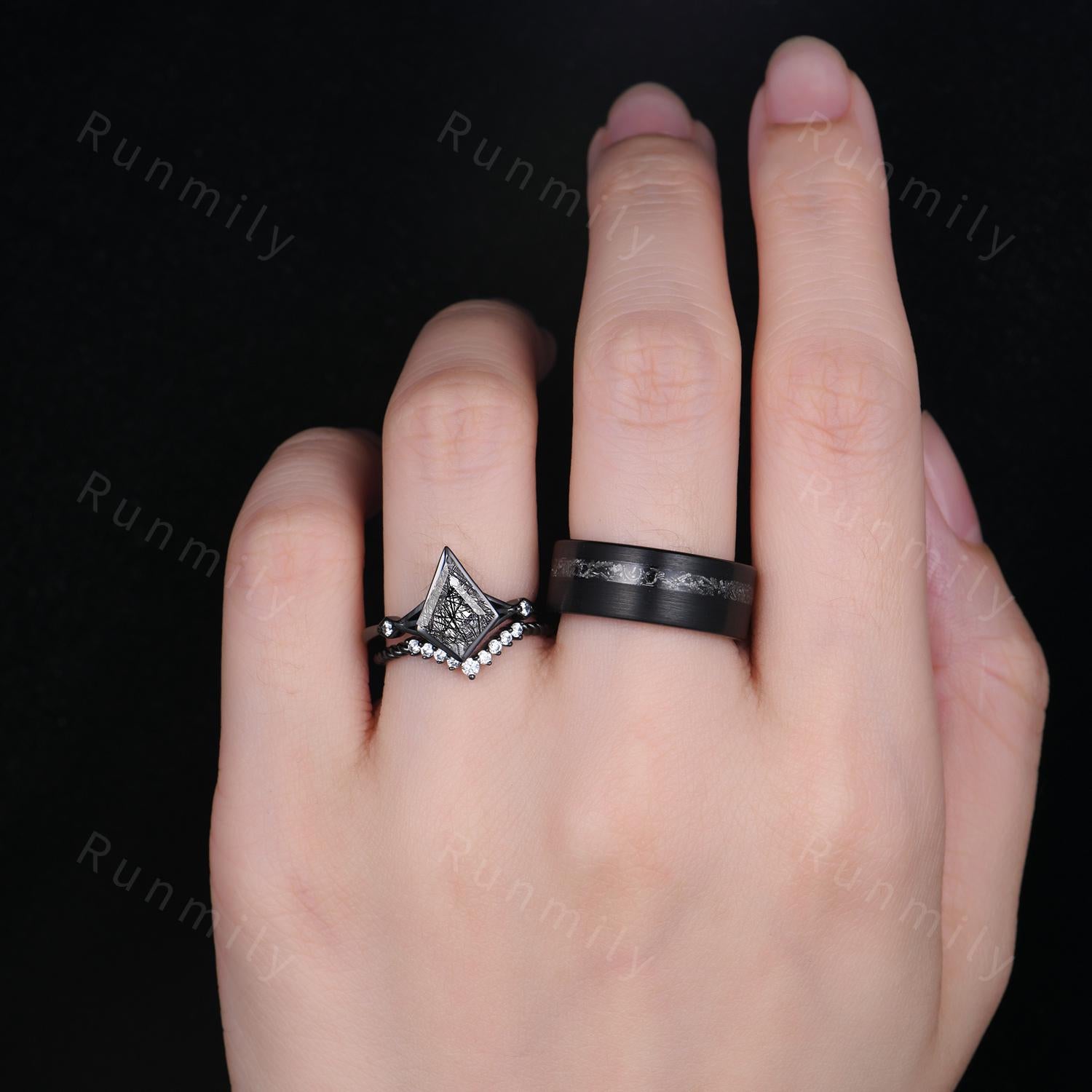 Natural Black Rutilated Quartz Couples Ring Black Gold Promise Ring Set Art Deco His and Hers Wedding Band Mens Meteorite Ring Black Gems