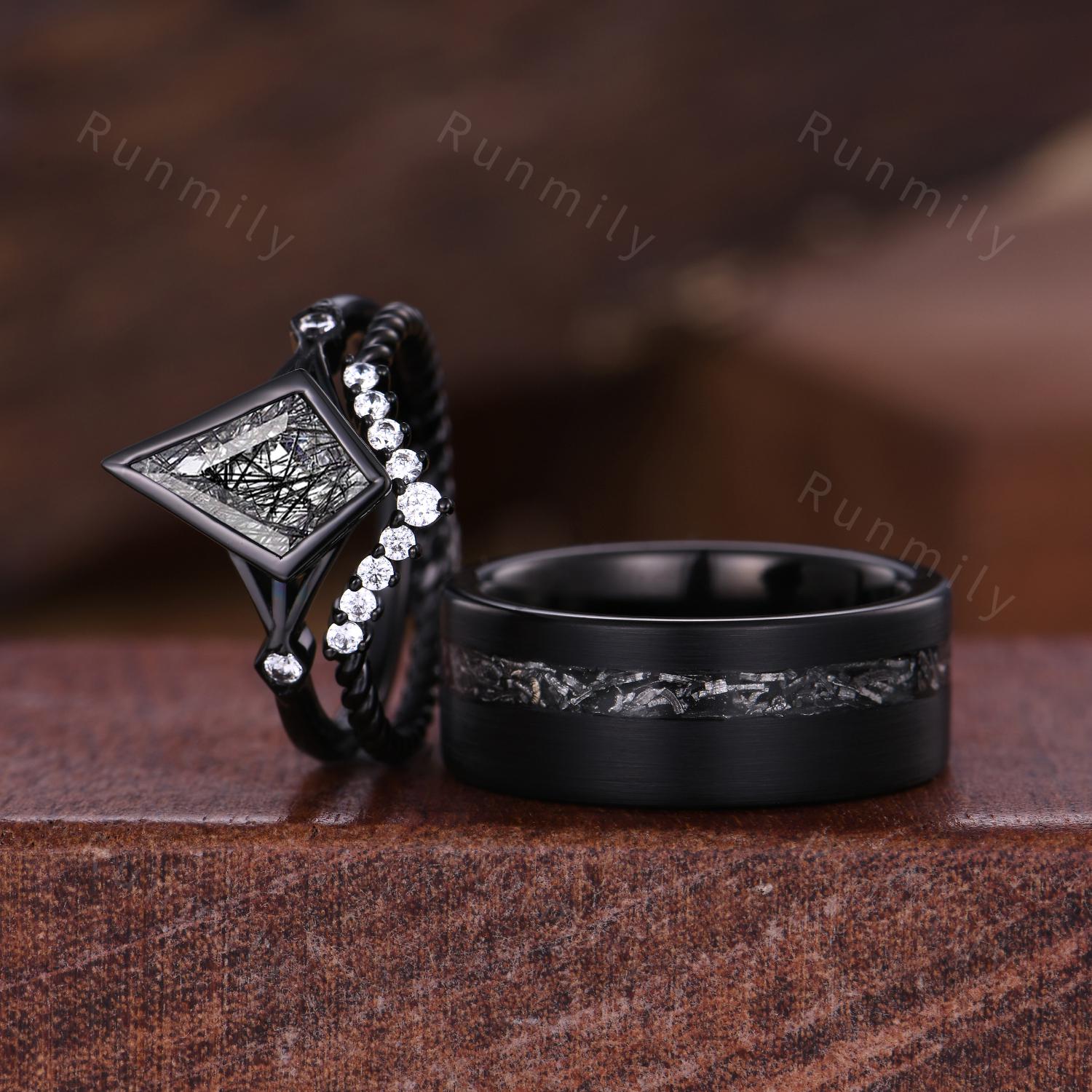 Natural Black Rutilated Quartz Couples Ring Black Gold Promise Ring Set Art Deco His and Hers Wedding Band Mens Meteorite Ring Black Gems