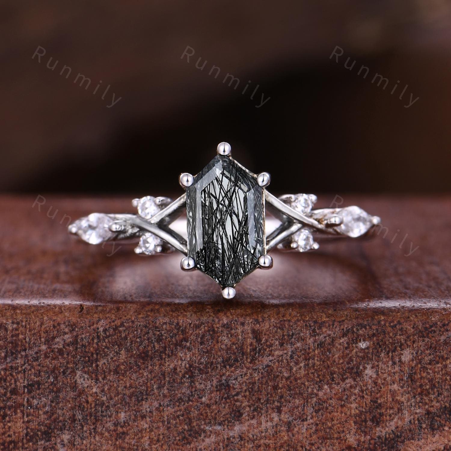 Vintage Black Rutilated Quartz Couples Ring White Gold Matching Ring Set His and Hers Wedding Band Promise Ring For Men For Women Black Gem