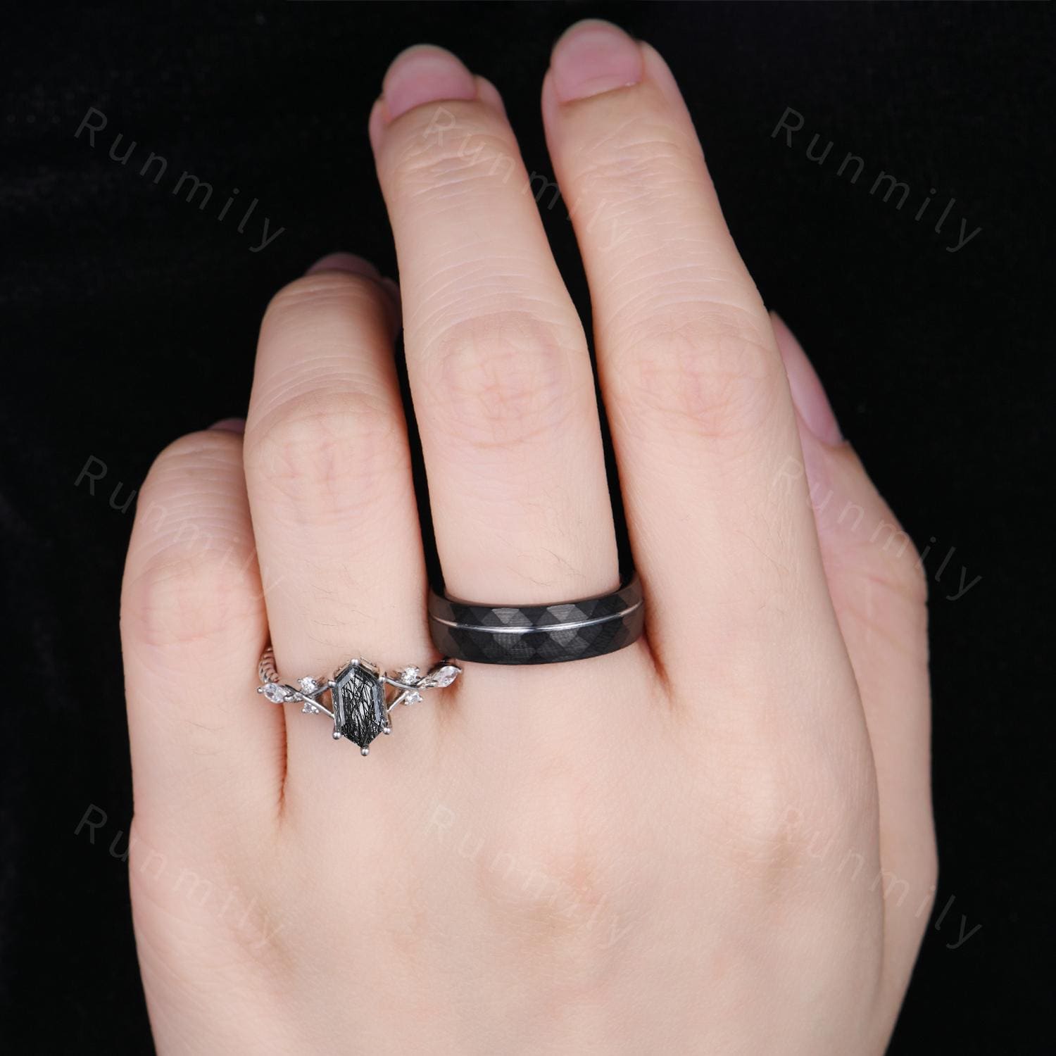 Vintage Black Rutilated Quartz Couples Ring White Gold Matching Ring Set His and Hers Wedding Band Promise Ring For Men For Women Black Gem