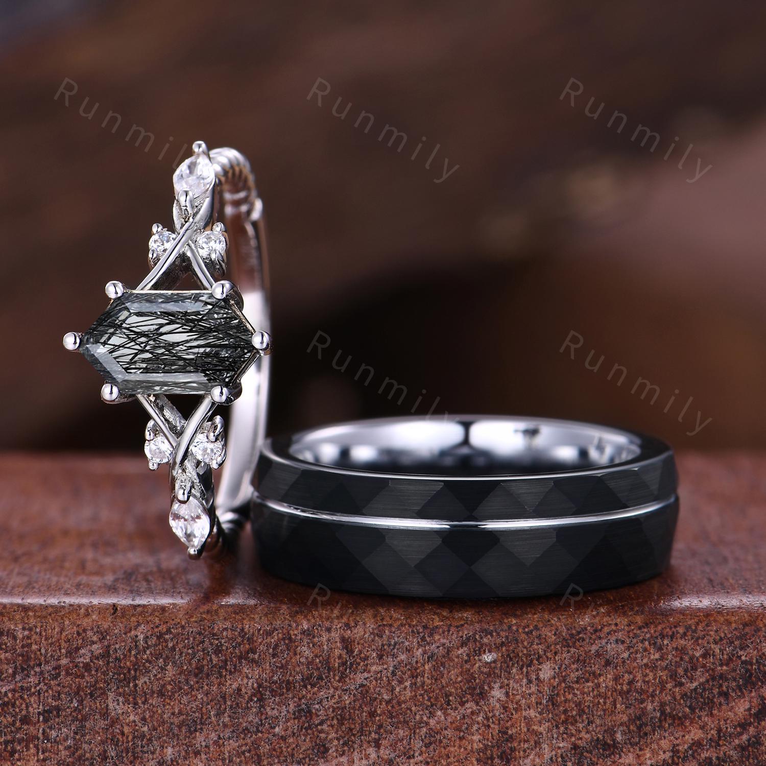 Vintage Black Rutilated Quartz Couples Ring White Gold Matching Ring Set His and Hers Wedding Band Promise Ring For Men For Women Black Gem