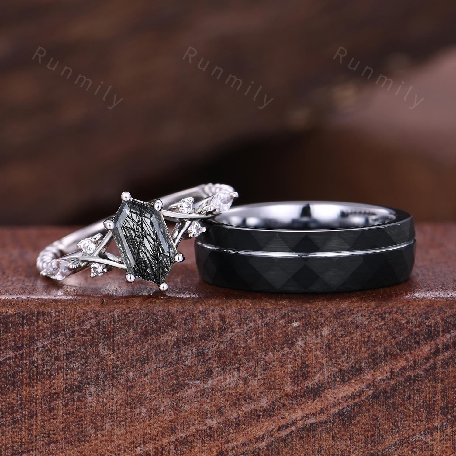 Vintage Black Rutilated Quartz Couples Ring White Gold Matching Ring Set His and Hers Wedding Band Promise Ring For Men For Women Black Gem