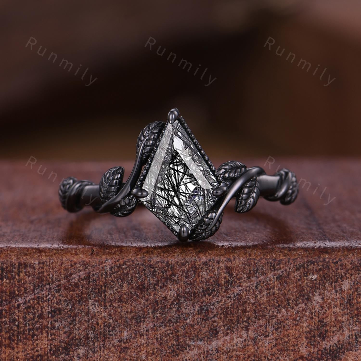 Kite Cut Black Rutilated Quartz Couples Ring Black Gold Promise Ring Set Simple His and Hers Wedding Band Mens Tungsten Ring Vine Leaf Ring