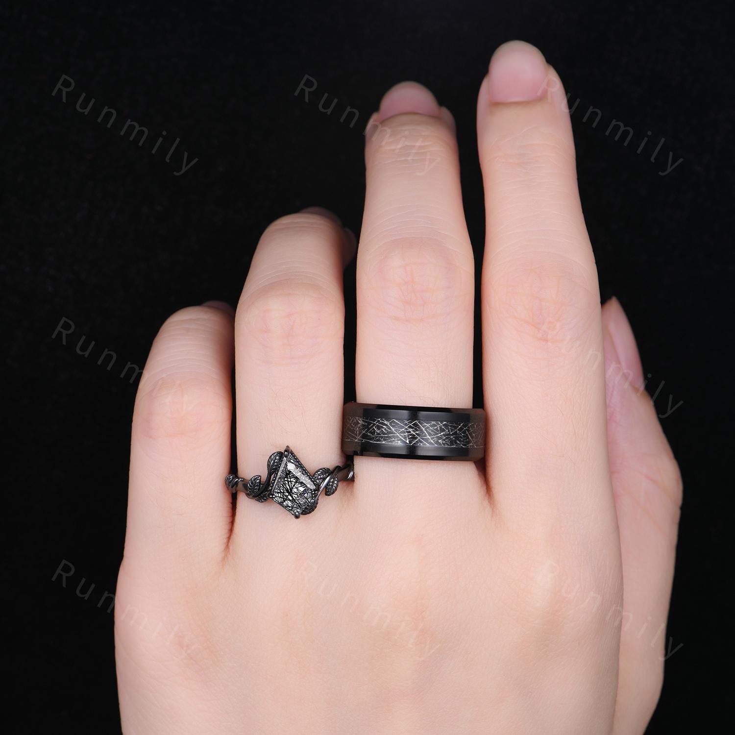 Kite Cut Black Rutilated Quartz Couples Ring Black Gold Promise Ring Set Simple His and Hers Wedding Band Mens Tungsten Ring Vine Leaf Ring