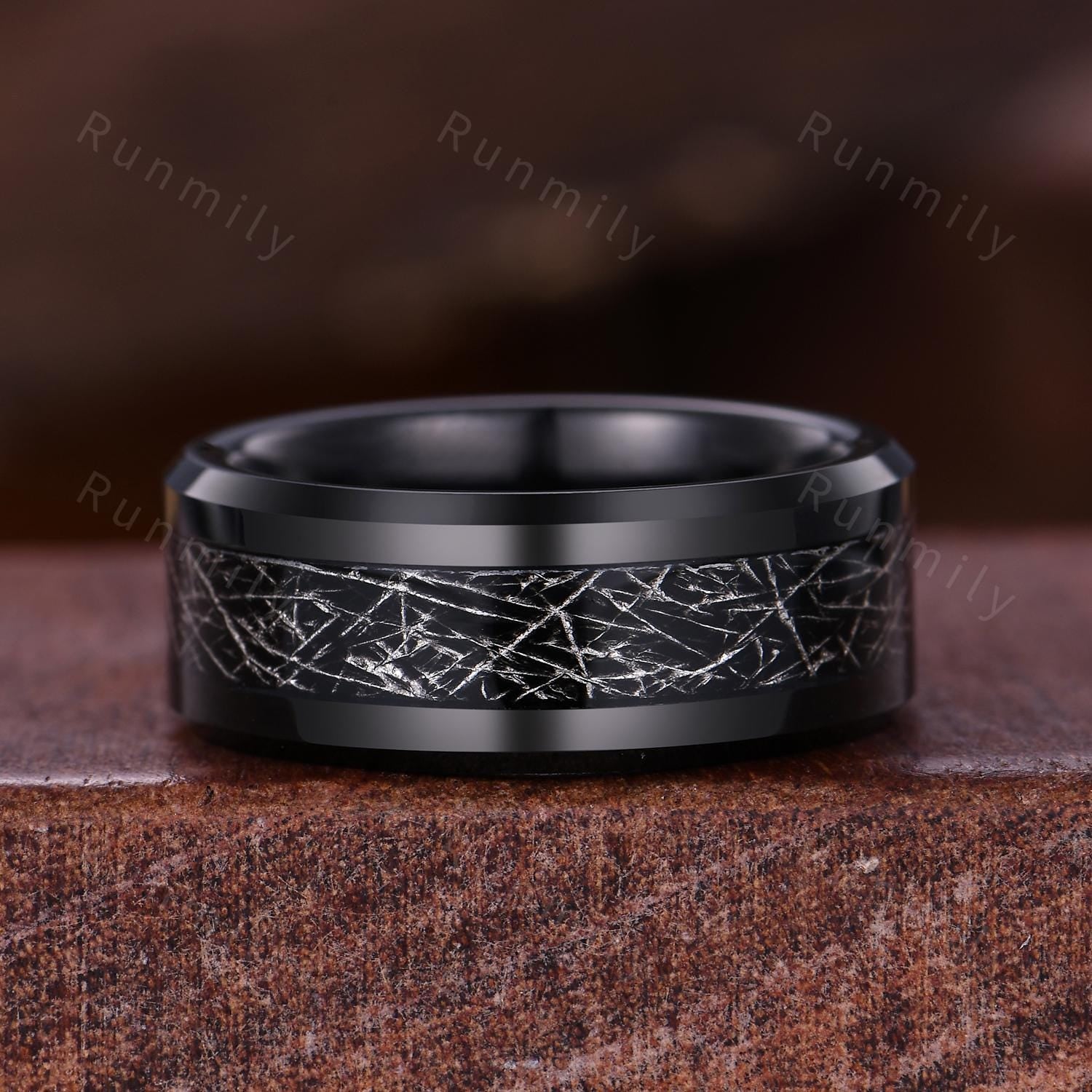Kite Cut Black Rutilated Quartz Couples Ring Black Gold Promise Ring Set Simple His and Hers Wedding Band Mens Tungsten Ring Vine Leaf Ring