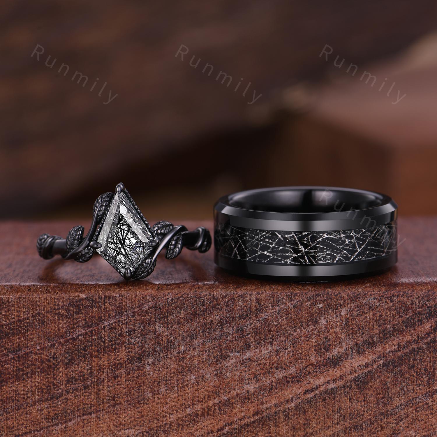 Kite Cut Black Rutilated Quartz Couples Ring Black Gold Promise Ring Set Simple His and Hers Wedding Band Mens Tungsten Ring Vine Leaf Ring