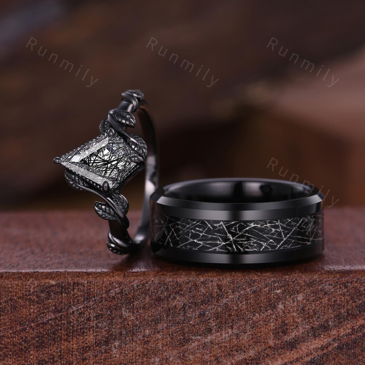 Kite Cut Black Rutilated Quartz Couples Ring Black Gold Promise Ring Set Simple His and Hers Wedding Band Mens Tungsten Ring Vine Leaf Ring