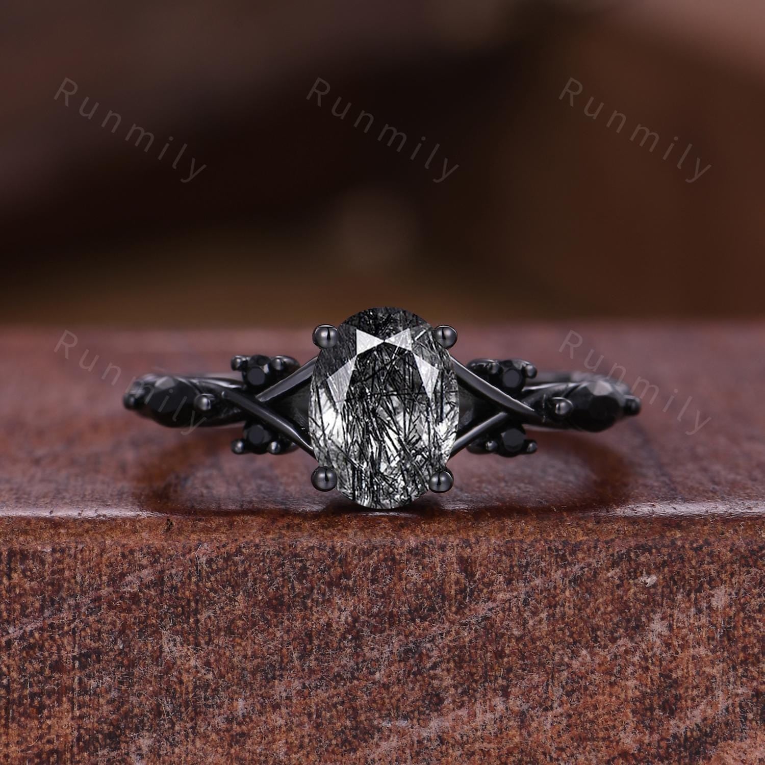 Black Rutilated Quartz Couples Ring Oval Cut Black Gold Ring Gothic His and Hers Wedding Band Mens Tungsten Ring Natural Black Gem Ring