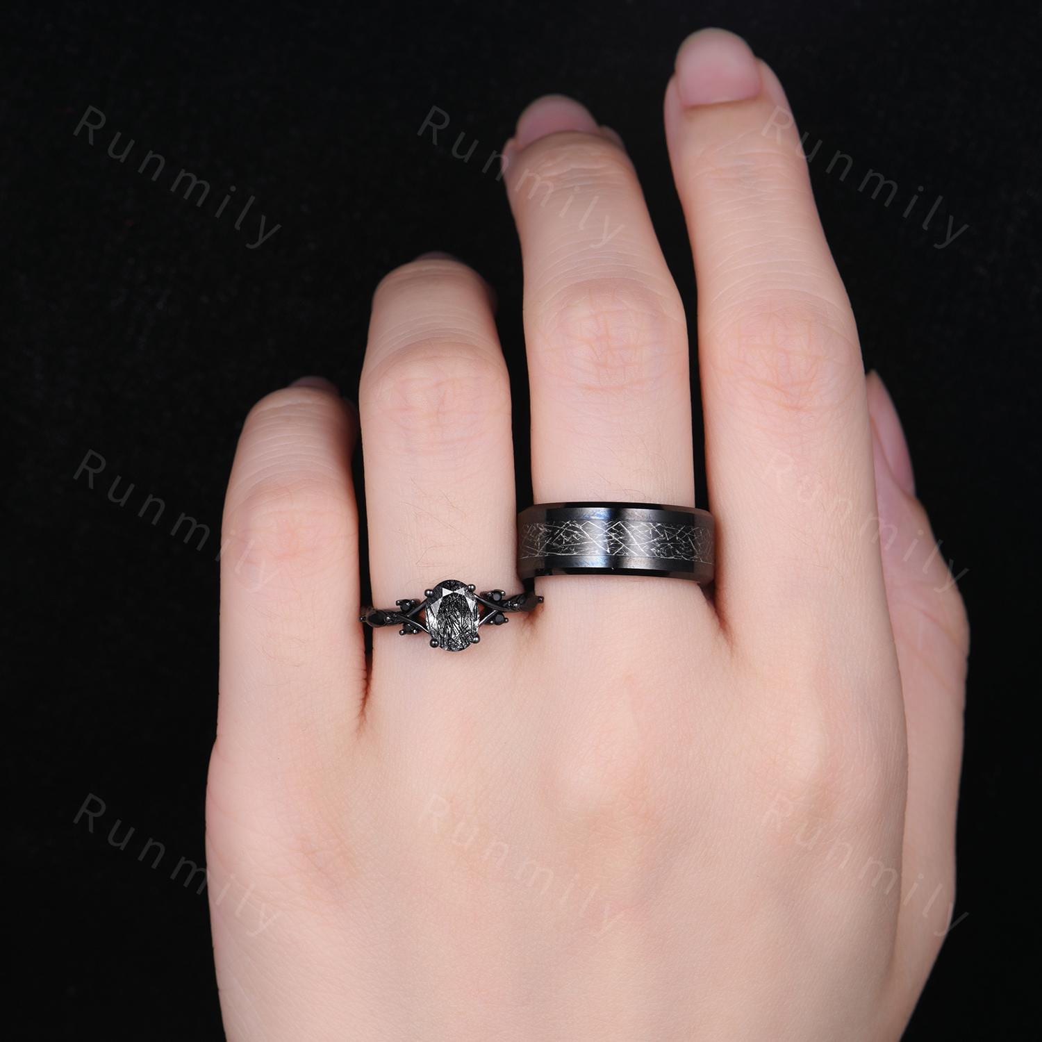 Black Rutilated Quartz Couples Ring Oval Cut Black Gold Ring Gothic His and Hers Wedding Band Mens Tungsten Ring Natural Black Gem Ring