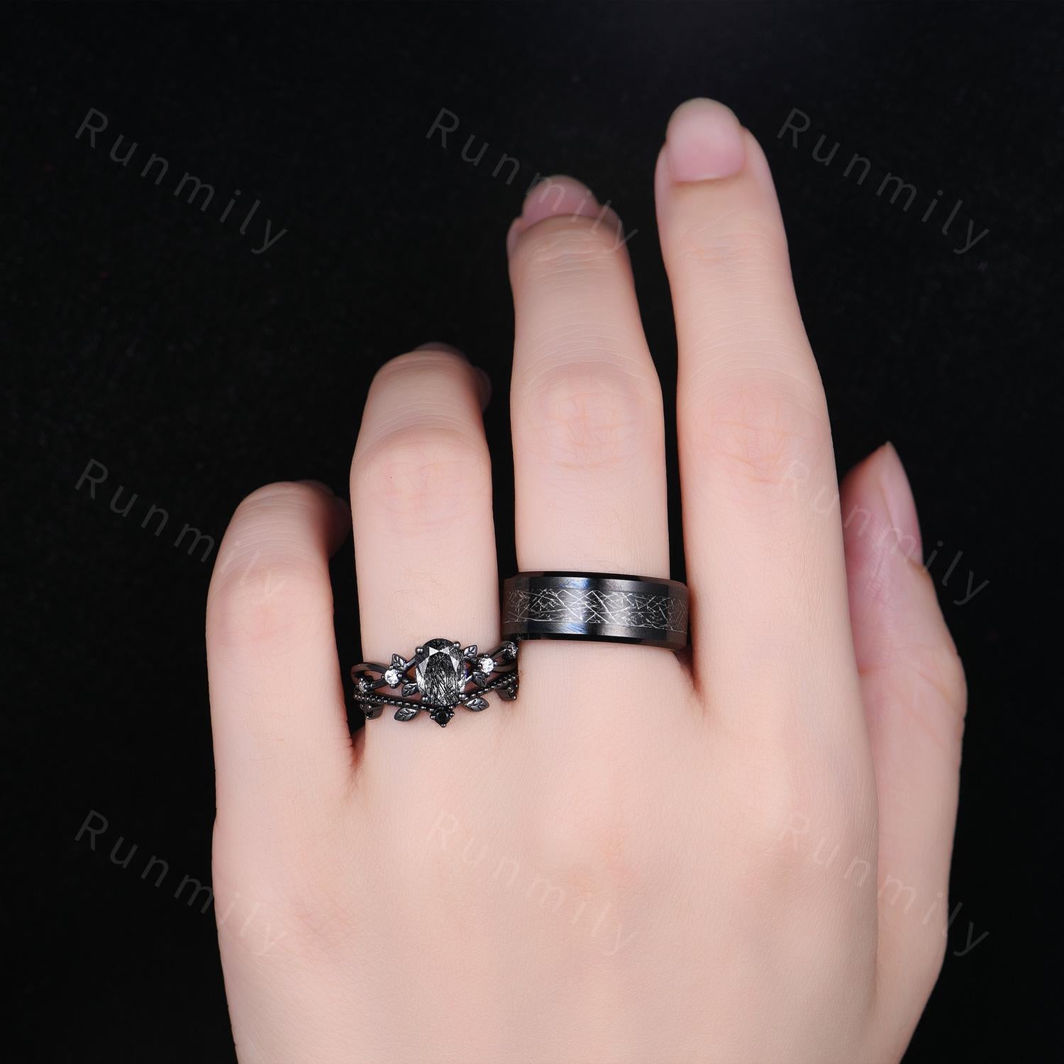 Vintage Black Rutilated Quartz Couples Ring Art Deco Wedding Rings For Men And Women Black Gold Rings Unique Couples Promise Ring Set